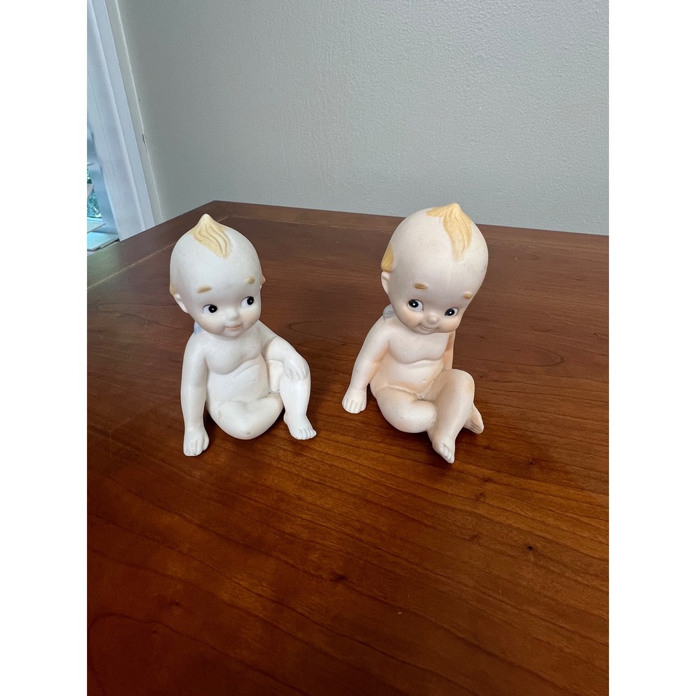 Vintage Lefton Kewpie Baby Figurines Set of 2 Bisque Porcelain Blue Wings 02132
